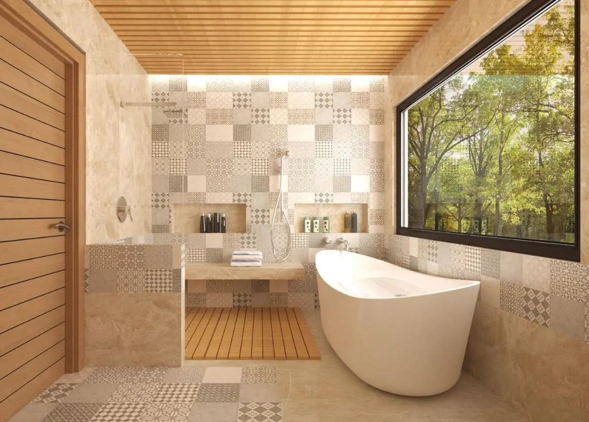 Baño residencial con bañera y luz natural